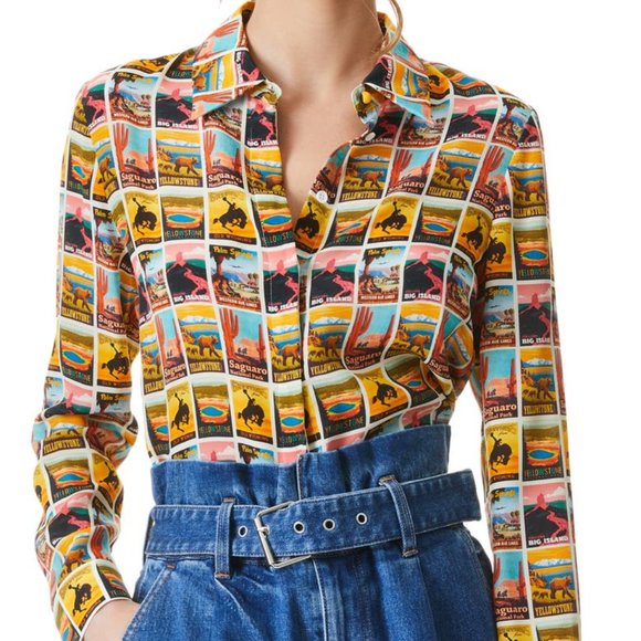 Alice + Olivia | Western Postcard Willa Placket Silk Print Blouse - Picture 2 of 13